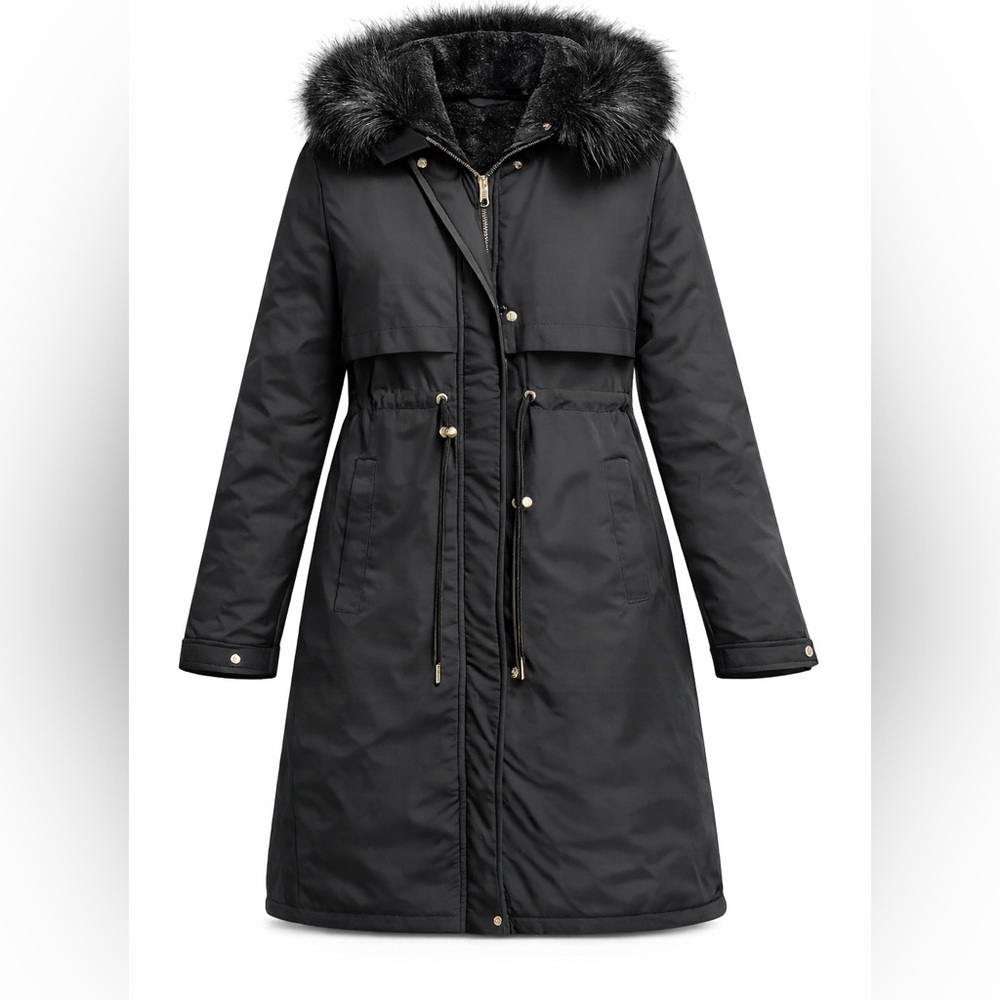 Black Hooded Fur Trim Puffer Parka Coat US M NWT Statement Casual Luxury